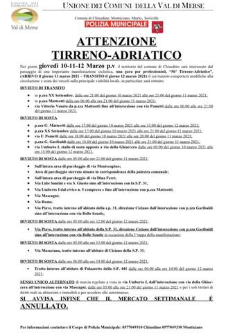 ATTENZIONE! Modifiche alla circolazione e alla sosta per gara ciclistica Tirreno-Adriatico