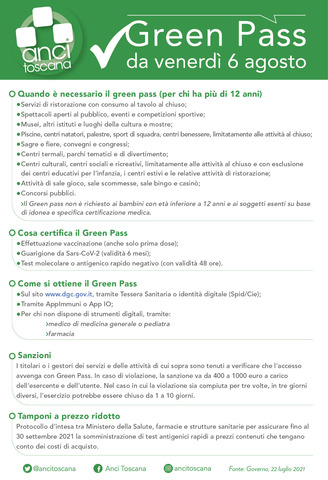 Green Pass da venerdì 6 agosto: scheda riepilogativa Anci Toscana